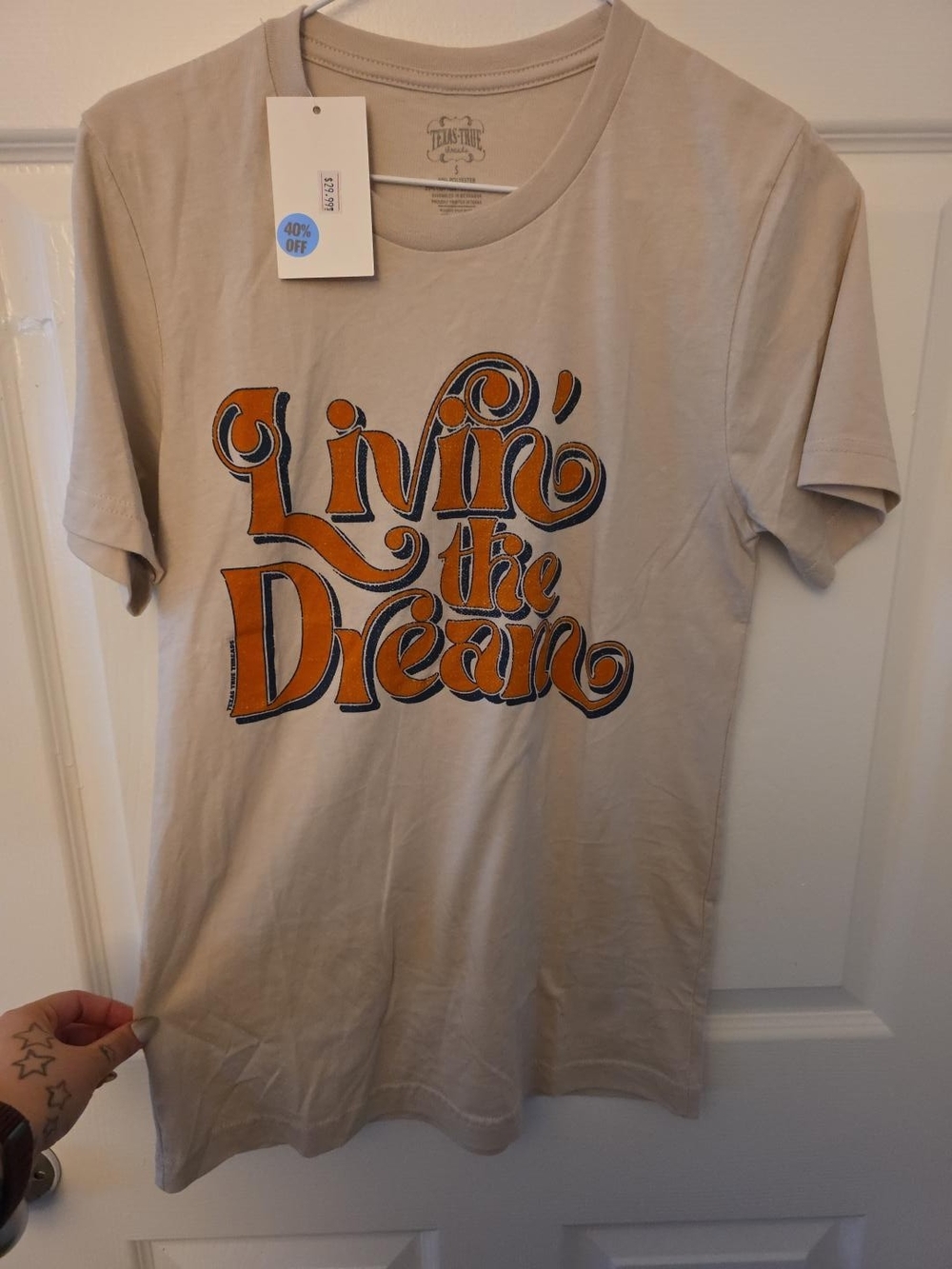 Living the Dream Short Sleeve Graphic Tee - Beige with Orange Print